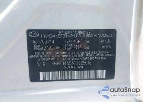 2014 Hyundai Sonata Gls z USA, uszkodzony, nr VIN 5NPEB4AC3EH925916
